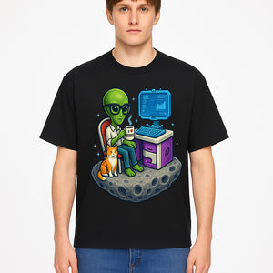 Funny Alien Astronaut Desk Decor with Cat, 'I Love Boots' Mug, Outer Space Theme, Gaming Room Art, Quirky Home Decor - T-shirt 1758004703319.jpg