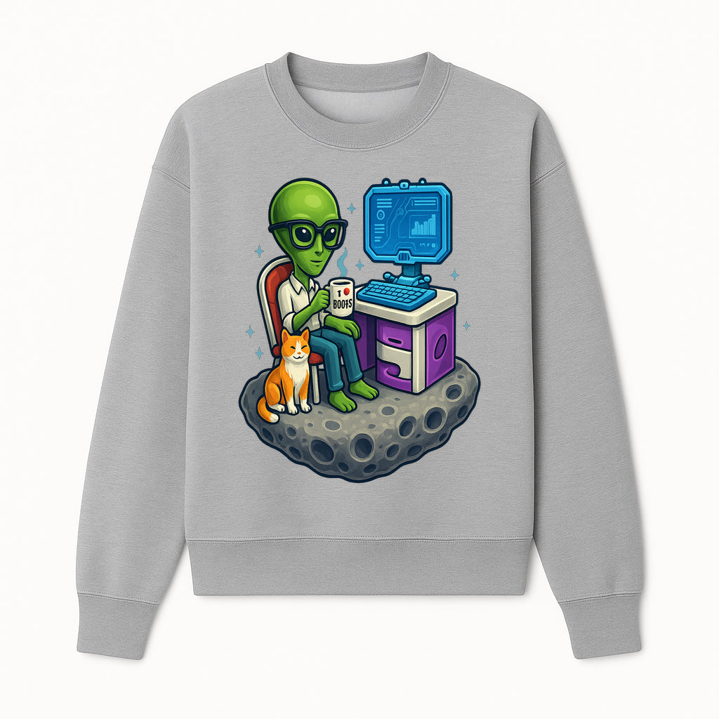 Funny Alien Astronaut Desk Decor with Cat, 'I Love Boots' Mug, Outer Space Theme, Gaming Room Art, Quirky Home Decor - Sweatshirt 1758004703593.jpg
