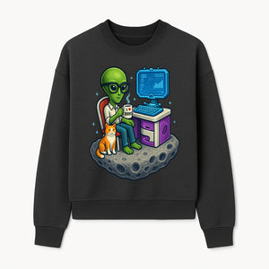 Funny Alien Astronaut Desk Decor with Cat, 'I Love Boots' Mug, Outer Space Theme, Gaming Room Art, Quirky Home Decor - Sweatshirt 1758004703905.jpg