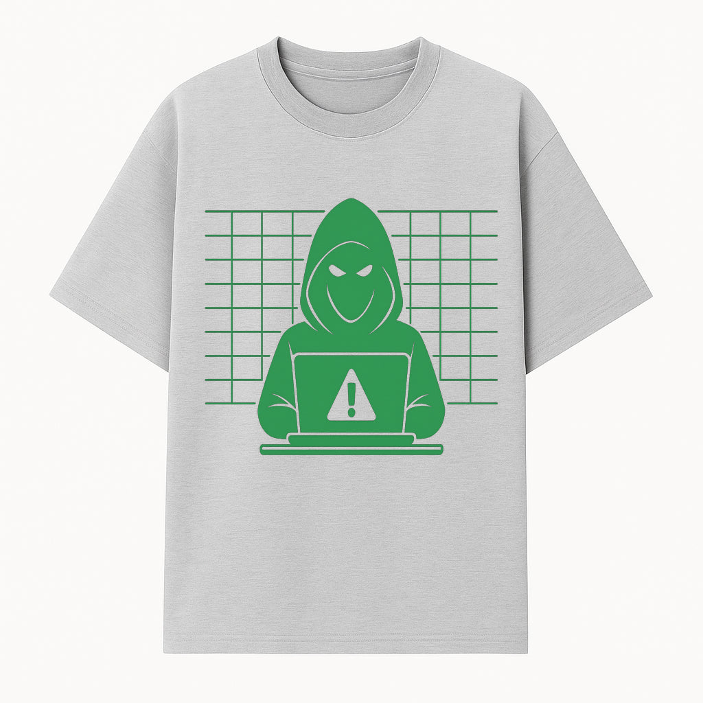 Cybersecurity Hacker Hoodie Design - Green Digital Illustration, Warning Alert, Tech Theme, Perfect for Tech Enthusiasts and Gamers - T-shirt 1758004705058.jpg