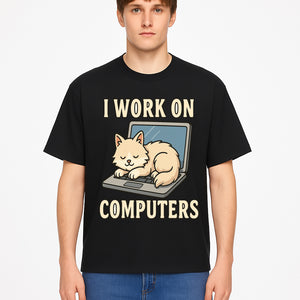 Funny Cat Gift - I Work on Computers Laptop Design - Cute Cat Lover's Work from Home T-Shirt or Mug - T-shirt 1758004719419.jpg