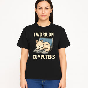 Funny Cat Gift - I Work on Computers Laptop Design - Cute Cat Lover's Work from Home T-Shirt or Mug - T-shirt 1758004719583.jpg