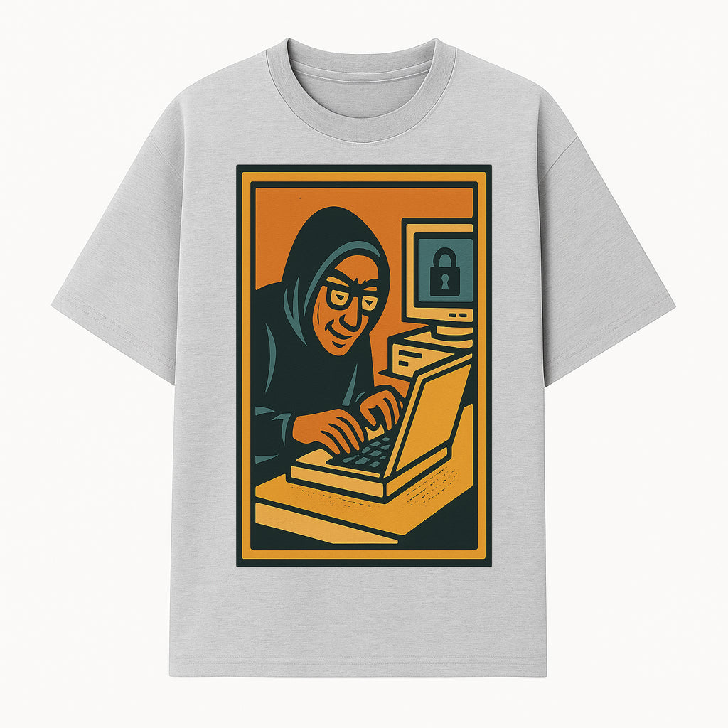 Cybersecurity Art Print - Hacker with Computer and Lock Design - Digital Security Wall Decor - Retro Illustration - T-shirt 1758004725295.jpg