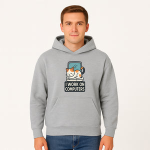 Cat Lover's Desk Decor: 'I Work on Computers' Cute Cat Laptop Design for Tech Enthusiasts and Pet Owners - Hoodie 1758004725741.jpg