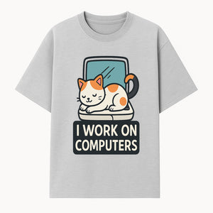 Cat Lover's Desk Decor: 'I Work on Computers' Cute Cat Laptop Design for Tech Enthusiasts and Pet Owners - T-shirt 1758004726157.jpg
