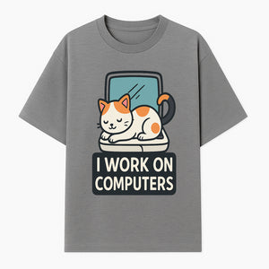 Cat Lover's Desk Decor: 'I Work on Computers' Cute Cat Laptop Design for Tech Enthusiasts and Pet Owners - T-shirt 1758004726772.jpg
