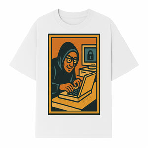 Cybersecurity Art Print - Hacker with Computer and Lock Design - Digital Security Wall Decor - Retro Illustration - T-shirt 1758004727114.jpg