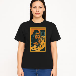 Cybersecurity Art Print - Hacker with Computer and Lock Design - Digital Security Wall Decor - Retro Illustration - T-shirt 1758004728456.jpg