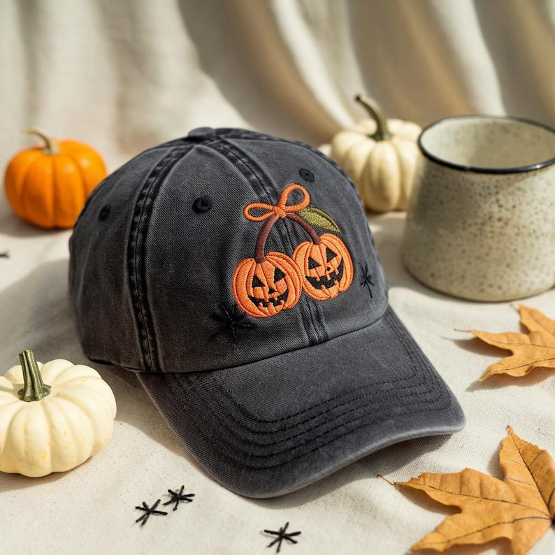 Embroidered Pumpkin Cherries Autumn Girly Cap Halloween Pumpkin Hat Fall Pumpkin Cap Pumpkin Cheeries Coquette Hat Fall Cap Girly Hat 1758017128925.jpg