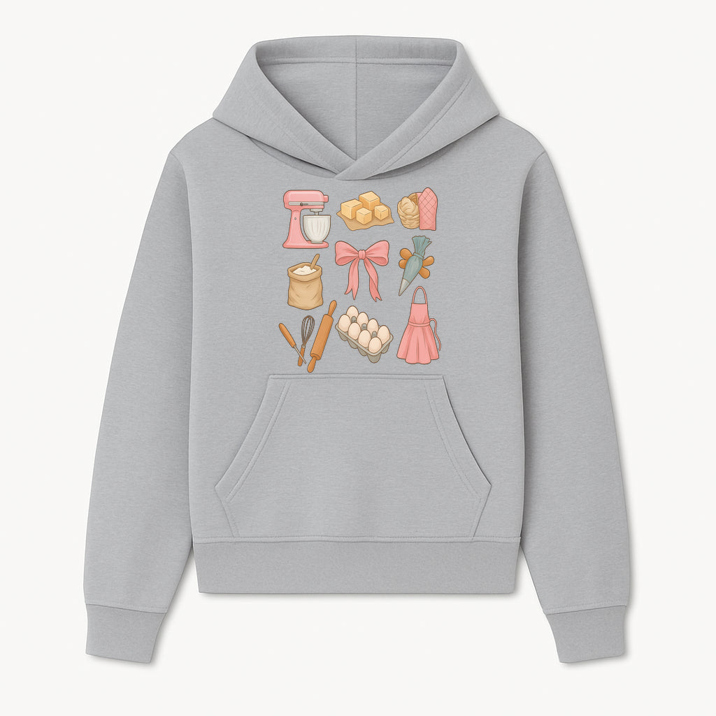Baking Essentials Illustration - Mixer, Eggs, Sugar, Apron, Whisk - Kitchen Decor for Bakers and Home Chefs, Cute Art Print - Hoodie 1758181697711.jpg