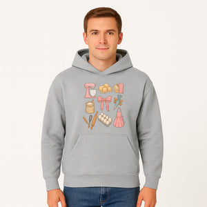 Baking Essentials Illustration - Mixer, Eggs, Sugar, Apron, Whisk - Kitchen Decor for Bakers and Home Chefs, Cute Art Print - Hoodie 1758181700452.jpg