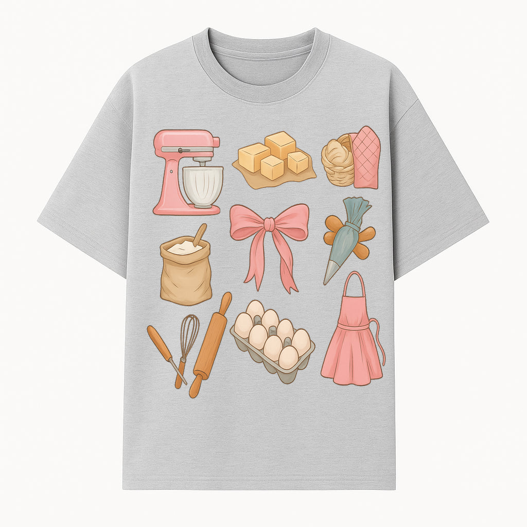 Baking Essentials Illustration - Mixer, Eggs, Sugar, Apron, Whisk - Kitchen Decor for Bakers and Home Chefs, Cute Art Print - T-shirt 1758181700740.jpg