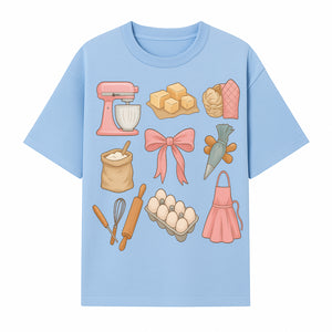 Baking Essentials Illustration - Mixer, Eggs, Sugar, Apron, Whisk - Kitchen Decor for Bakers and Home Chefs, Cute Art Print - T-shirt 1758181701436.jpg