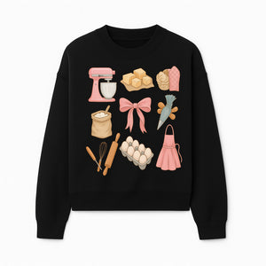 Baking Essentials Illustration - Mixer, Eggs, Sugar, Apron, Whisk - Kitchen Decor for Bakers and Home Chefs, Cute Art Print - Sweatshirt 1758181703934.jpg