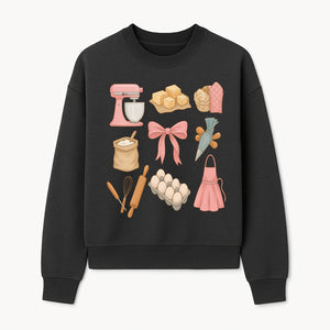 Baking Essentials Illustration - Mixer, Eggs, Sugar, Apron, Whisk - Kitchen Decor for Bakers and Home Chefs, Cute Art Print - Sweatshirt 1758181704065.jpg