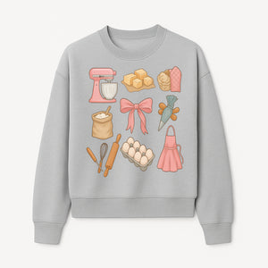 Baking Essentials Illustration - Mixer, Eggs, Sugar, Apron, Whisk - Kitchen Decor for Bakers and Home Chefs, Cute Art Print - Sweatshirt 1758181704336.jpg