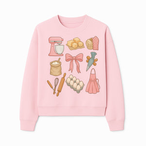 Baking Essentials Illustration - Mixer, Eggs, Sugar, Apron, Whisk - Kitchen Decor for Bakers and Home Chefs, Cute Art Print - Sweatshirt 1758181704629.jpg