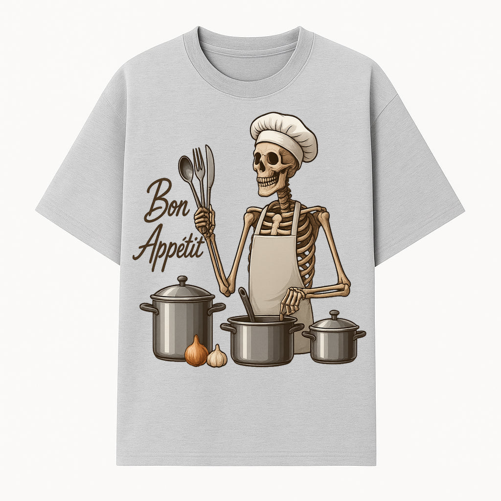 Skeleton Chef Bon App tit Kitchen Decor, Funny Culinary Art Print, Spooky Cooking Gift, Halloween Home Decoration, Cookware Illustration - T-shirt 1758181705117.jpg
