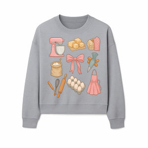 Baking Essentials Illustration - Mixer, Eggs, Sugar, Apron, Whisk - Kitchen Decor for Bakers and Home Chefs, Cute Art Print - Sweatshirt 1758181705181.jpg