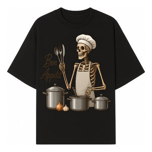 Skeleton Chef Bon App tit Kitchen Decor, Funny Culinary Art Print, Spooky Cooking Gift, Halloween Home Decoration, Cookware Illustration - T-shirt 1758181705265.jpg