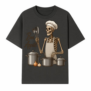 Skeleton Chef Bon App tit Kitchen Decor, Funny Culinary Art Print, Spooky Cooking Gift, Halloween Home Decoration, Cookware Illustration - T-shirt 1758181705383.jpg