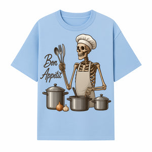 Skeleton Chef Bon App tit Kitchen Decor, Funny Culinary Art Print, Spooky Cooking Gift, Halloween Home Decoration, Cookware Illustration - T-shirt 1758181705799.jpg