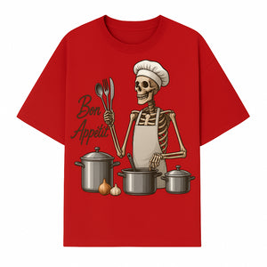 Skeleton Chef Bon App tit Kitchen Decor, Funny Culinary Art Print, Spooky Cooking Gift, Halloween Home Decoration, Cookware Illustration - T-shirt 1758181706435.jpg