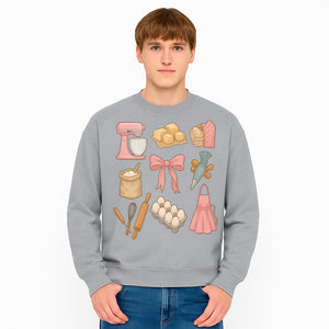 Baking Essentials Illustration - Mixer, Eggs, Sugar, Apron, Whisk - Kitchen Decor for Bakers and Home Chefs, Cute Art Print - Sweatshirt 1758181706470.jpg
