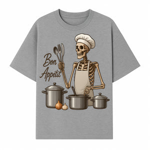 Skeleton Chef Bon App tit Kitchen Decor, Funny Culinary Art Print, Spooky Cooking Gift, Halloween Home Decoration, Cookware Illustration - T-shirt 1758181706569.jpg