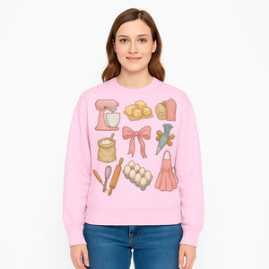 Baking Essentials Illustration - Mixer, Eggs, Sugar, Apron, Whisk - Kitchen Decor for Bakers and Home Chefs, Cute Art Print - Sweatshirt 1758181706612.jpg