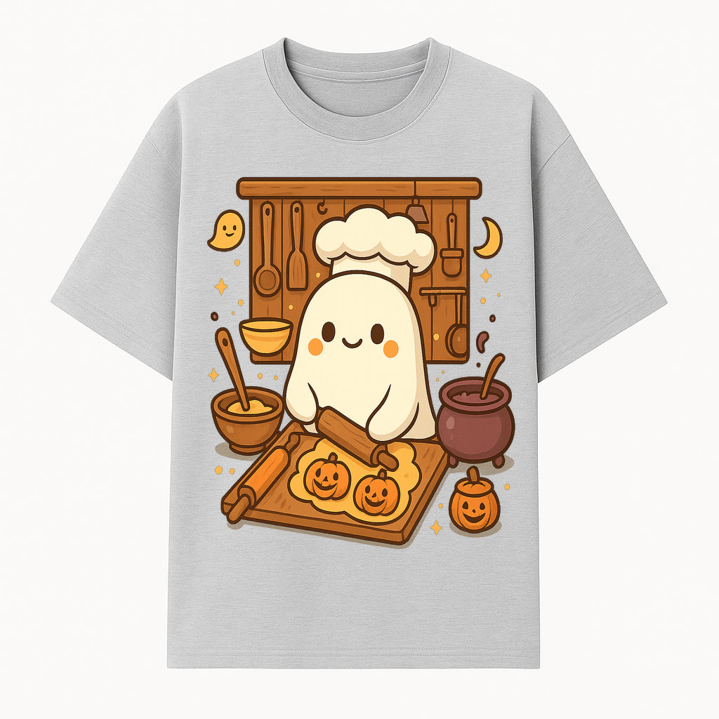Cute Ghost Chef Baking Halloween Cookies - Kawaii Halloween Decor, Whimsical Kitchen Art Print, Fall Home Decoration - T-shirt 1758181707167.jpg
