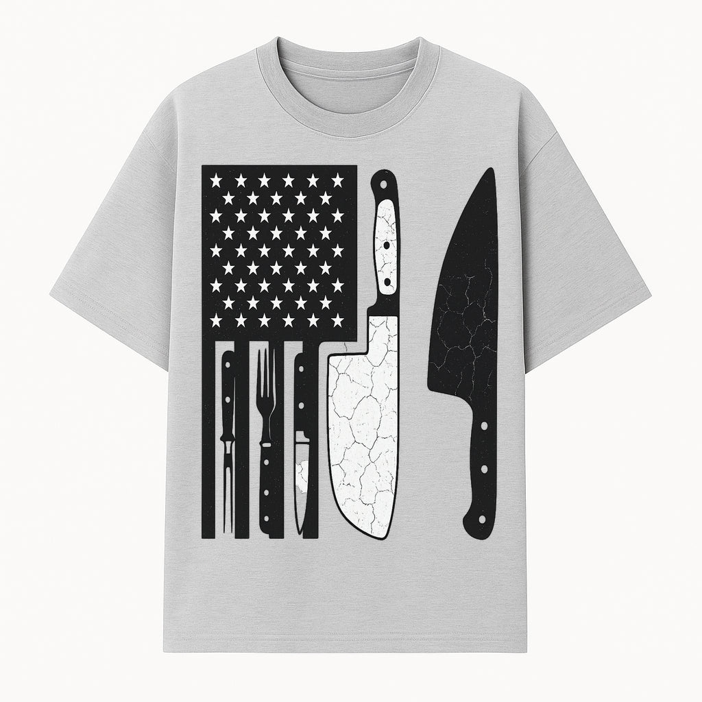 American Flag Kitchen Knife Set - Rustic Black and White Design with Forks, Ideal for Chefs and Patriotic Home Cooks - T-shirt 1758181707302.jpg