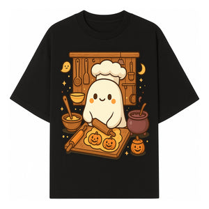 Cute Ghost Chef Baking Halloween Cookies - Kawaii Halloween Decor, Whimsical Kitchen Art Print, Fall Home Decoration - T-shirt 1758181707348.jpg