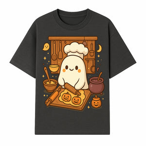 Cute Ghost Chef Baking Halloween Cookies - Kawaii Halloween Decor, Whimsical Kitchen Art Print, Fall Home Decoration - T-shirt 1758181707489.jpg