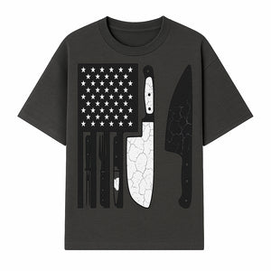 American Flag Kitchen Knife Set - Rustic Black and White Design with Forks, Ideal for Chefs and Patriotic Home Cooks - T-shirt 1758181707621.jpg