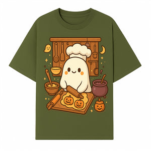 Cute Ghost Chef Baking Halloween Cookies - Kawaii Halloween Decor, Whimsical Kitchen Art Print, Fall Home Decoration - T-shirt 1758181707626.jpg