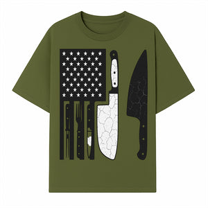 American Flag Kitchen Knife Set - Rustic Black and White Design with Forks, Ideal for Chefs and Patriotic Home Cooks - T-shirt 1758181707762.jpg