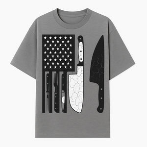 American Flag Kitchen Knife Set - Rustic Black and White Design with Forks, Ideal for Chefs and Patriotic Home Cooks - T-shirt 1758181707908.jpg