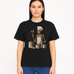 Skeleton Chef Bon App tit Kitchen Decor, Funny Culinary Art Print, Spooky Cooking Gift, Halloween Home Decoration, Cookware Illustration - T-shirt 1758181708020.jpg
