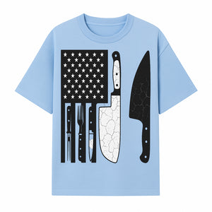 American Flag Kitchen Knife Set - Rustic Black and White Design with Forks, Ideal for Chefs and Patriotic Home Cooks - T-shirt 1758181708063.jpg