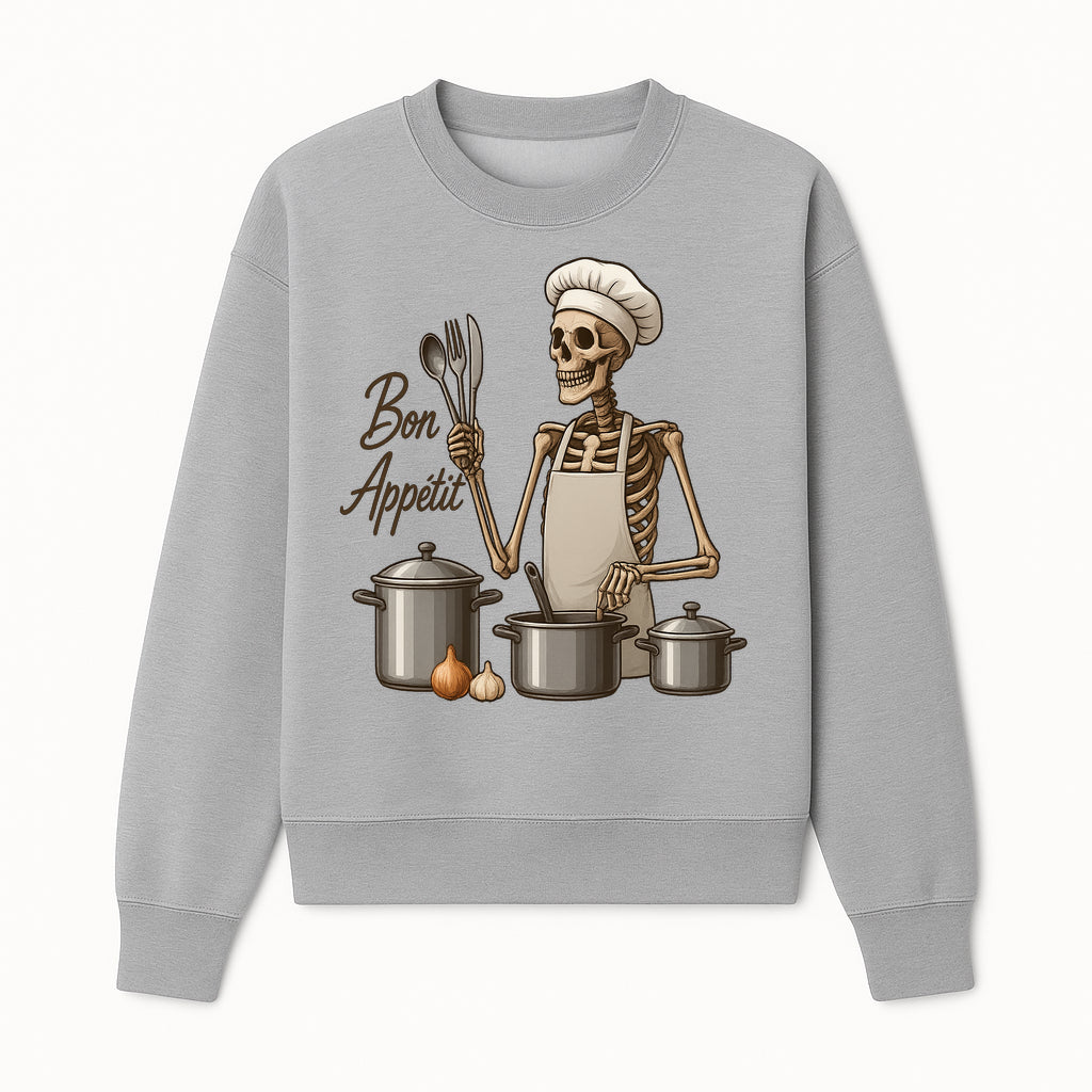 Skeleton Chef Bon App tit Kitchen Decor, Funny Culinary Art Print, Spooky Cooking Gift, Halloween Home Decoration, Cookware Illustration - Sweatshirt 1758181708182.jpg