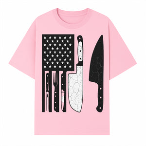 American Flag Kitchen Knife Set - Rustic Black and White Design with Forks, Ideal for Chefs and Patriotic Home Cooks - T-shirt 1758181708197.jpg