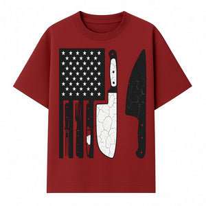 American Flag Kitchen Knife Set - Rustic Black and White Design with Forks, Ideal for Chefs and Patriotic Home Cooks - T-shirt 1758181708334.jpg