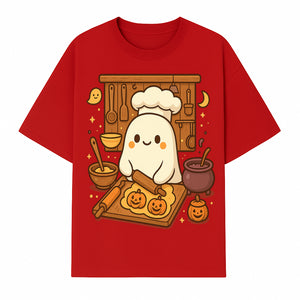 Cute Ghost Chef Baking Halloween Cookies - Kawaii Halloween Decor, Whimsical Kitchen Art Print, Fall Home Decoration - T-shirt 1758181708410.jpg