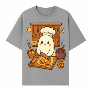 Cute Ghost Chef Baking Halloween Cookies - Kawaii Halloween Decor, Whimsical Kitchen Art Print, Fall Home Decoration - T-shirt 1758181708550.jpg