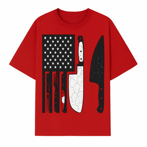 American Flag Kitchen Knife Set - Rustic Black and White Design with Forks, Ideal for Chefs and Patriotic Home Cooks - T-shirt 1758181708623.jpg