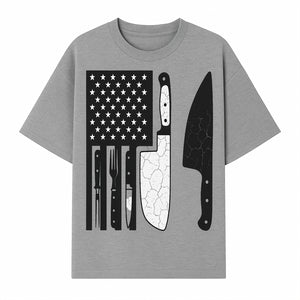 American Flag Kitchen Knife Set - Rustic Black and White Design with Forks, Ideal for Chefs and Patriotic Home Cooks - T-shirt 1758181708768.jpg
