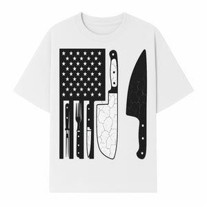 American Flag Kitchen Knife Set - Rustic Black and White Design with Forks, Ideal for Chefs and Patriotic Home Cooks - T-shirt 1758181708916.jpg
