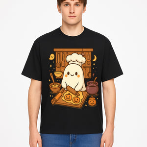 Cute Ghost Chef Baking Halloween Cookies - Kawaii Halloween Decor, Whimsical Kitchen Art Print, Fall Home Decoration - T-shirt 1758181709797.jpg
