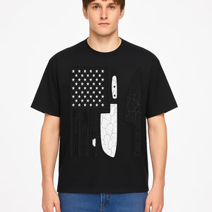 American Flag Kitchen Knife Set - Rustic Black and White Design with Forks, Ideal for Chefs and Patriotic Home Cooks - T-shirt 1758181710061.jpg